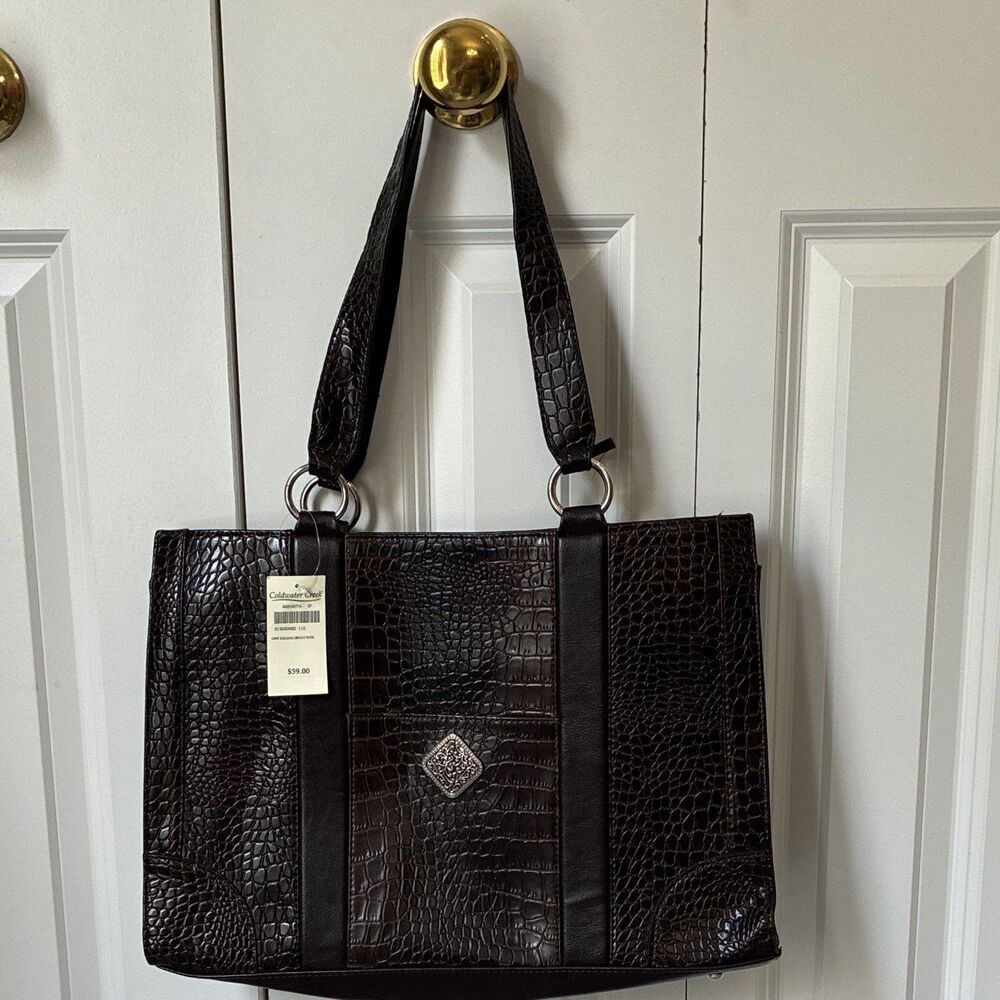 Coldwater Creek Brown Embossed Animal Print Tote Zip Lined Pockets Silver Hardwa